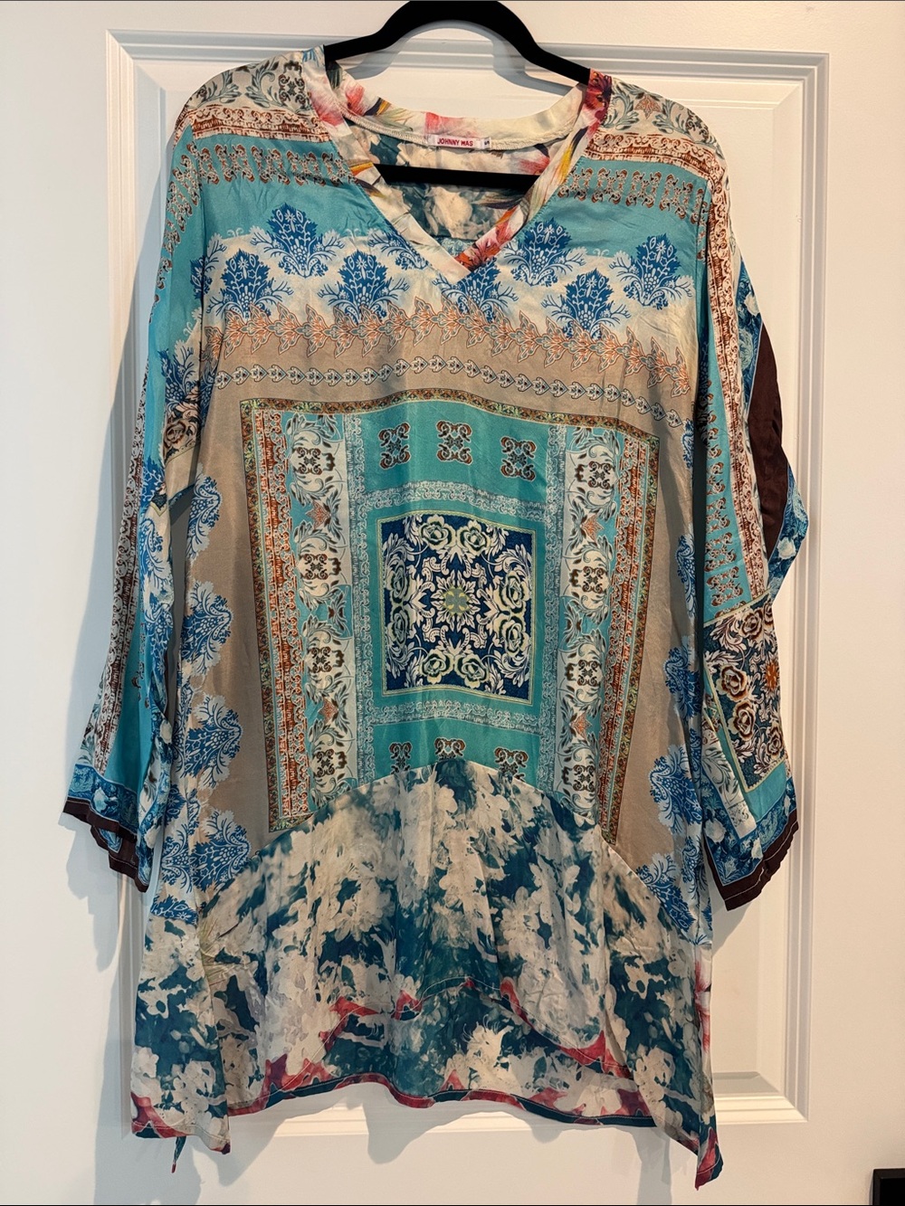Johnny Was Teal, Beige & Blue Bohemian V-Neck Tunic